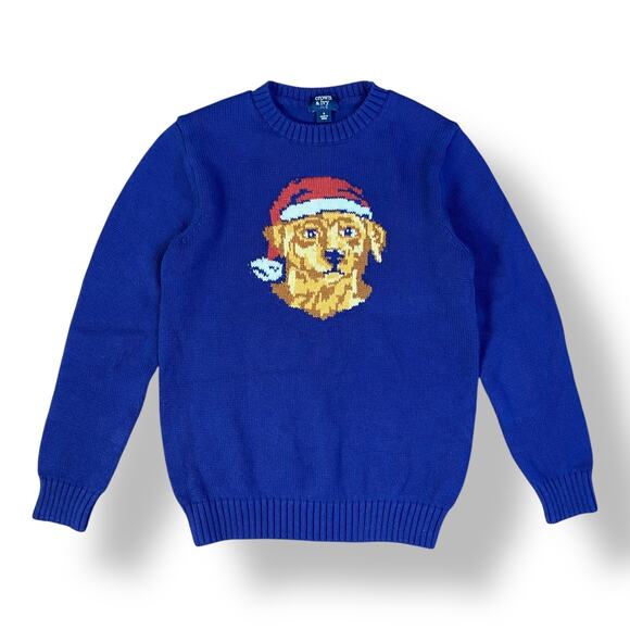 Crown & Ivy Boys Blue Intarsia Santa Dog Christmas Crew Neck Sweater Size S - Picture 1 of 7